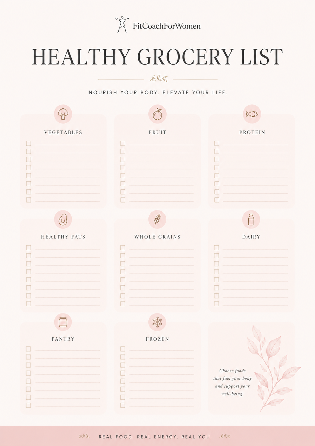 Healthy grocery checklist page from the Fit After 40 Starter Kit