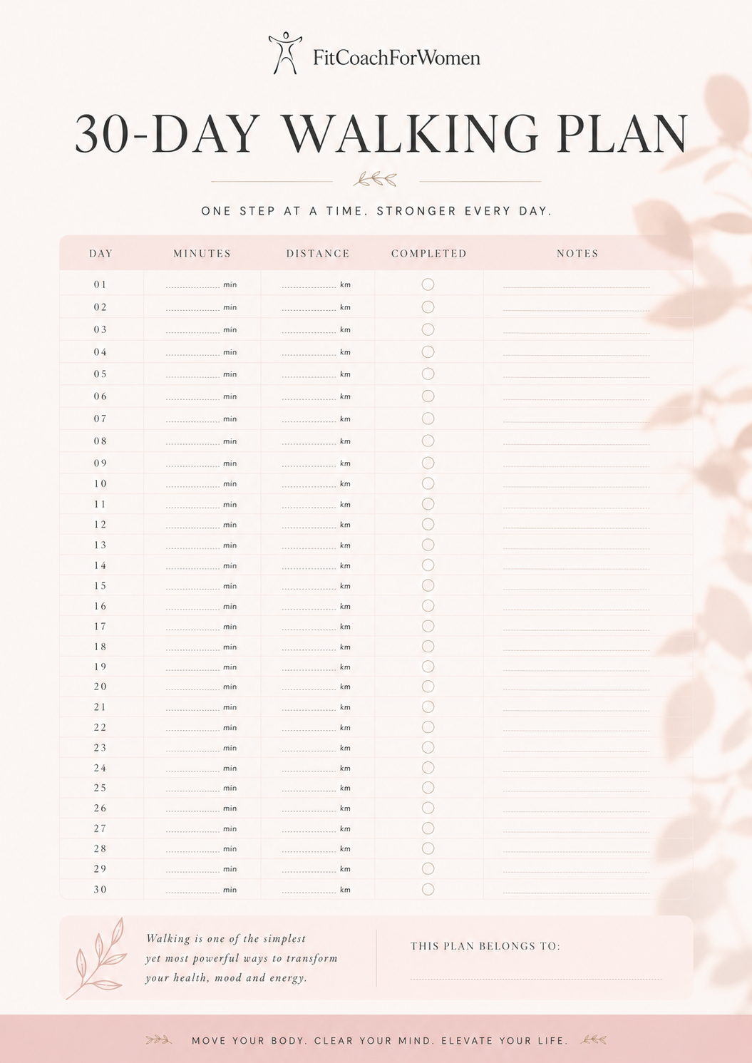 30-day walking plan page from the Fit After 40 Starter Kit