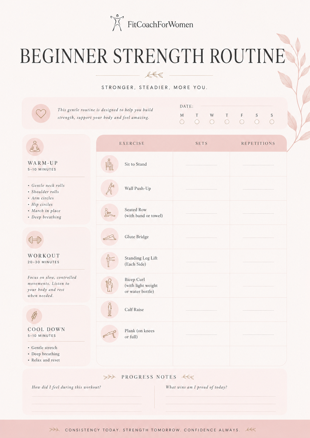Beginner strength routine page from the Fit After 40 Starter Kit