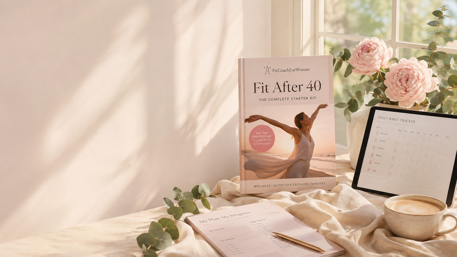 Woman over 40 stretching outdoors in soft morning light, representing the Fit After 40 wellness journey